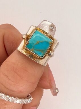 Turquoise Sterling Silver 9.25 Wide Modern Handmade Statement Ring size 7